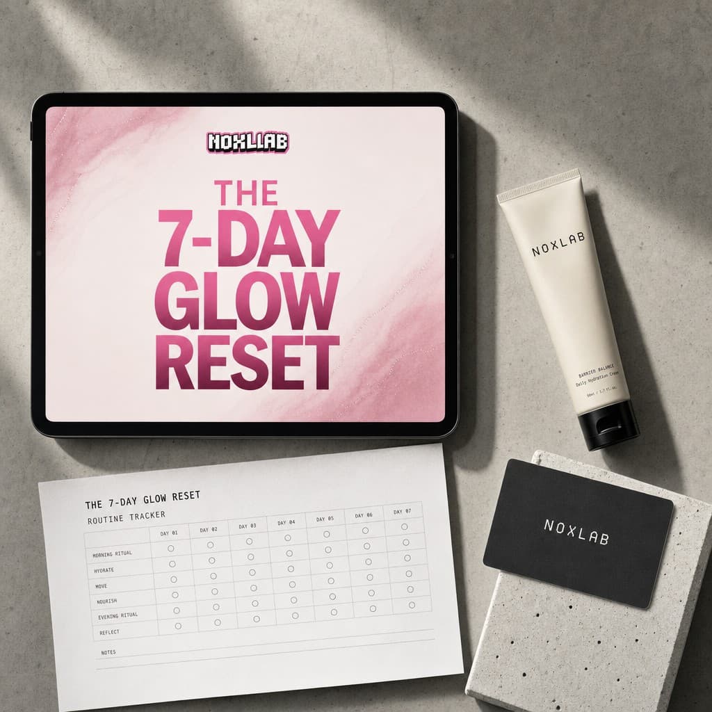 A NoxLab guide, routine tracker and barrier cream laid out